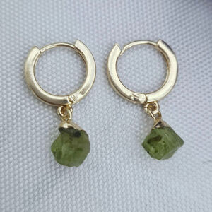 Raw Peridot Gold Hoop Earrings 18k Brass Hypoallergenic